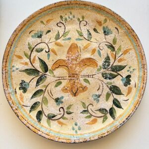 Set of 9 Fleur De Lis Floral Hand Painted Ceramic Dinner Plates Yellow Rustic